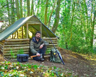 SURVIVAL SHELTER WITH FIREPLACE – 2 Days Solo Bushcraft in the woods!