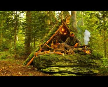 Building a Survival Shelter in a Forest – Camp food – Eating on stone – Camping alone with dog