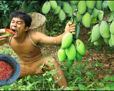 Survival in the forest – Eating mango with salt peppers delicious