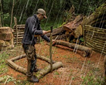 Building a Camp in a Thunderstorm | survival shelter, bushcraft, perimeter walls, fire pit