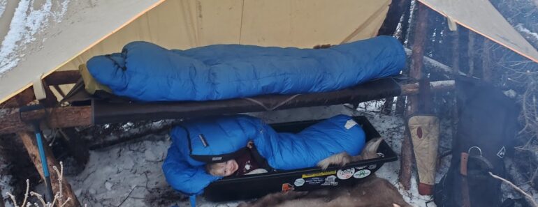 Bushcraft Cot & Survival Shelter Camping with 4 yr old in a Snow Storm