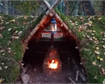 Primitive Stove in my Hut Canned chimney. Bushcraft Practical and fast Survival trip